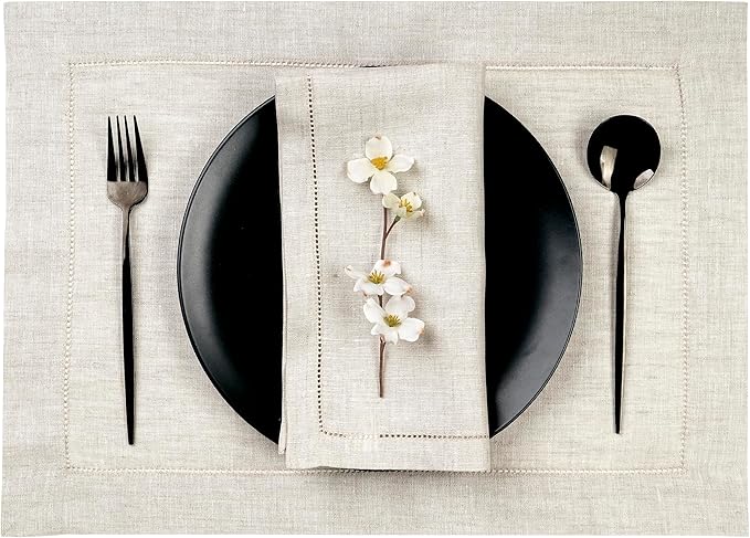 D'Moksha Homes Light Natural Linen Cloth Placemats Set of 4-100% Pure Linen Hemstitch Placemats 14 x 19 Inch - Classic Hemstitch Table Place Mats for Christmas - Handcrafted, Machine Washable DMokshaHomes