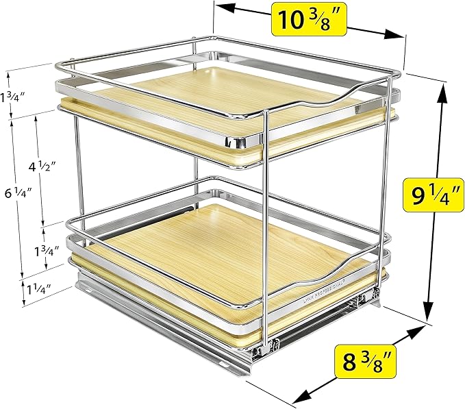 LYNK PROFESSIONAL® Élite™ Pull Out Spice Rack Organizer for Inside Kitchen Cabinets - 8-3/8 inch Wide - Slide Out Drawer – Wood/Chrome Sliding Spice Cabinet Organization Shelf Racks - 2 Tier LYNKPROFESSIONAL