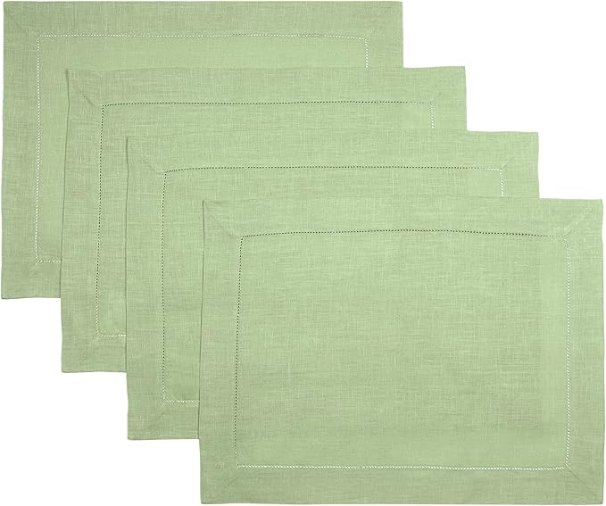 D'Moksha Homes Sage Green Linen Cloth Placemats Set of 4-100% Pure Linen Hemstitch Placemats 14 x 19 Inch - Classic Hemstitch Table Place Mats for Christmas - Handcrafted and Machine Washable DMokshaHomes