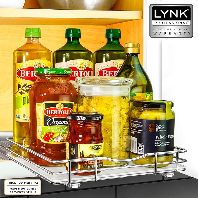 LYNK PROFESSIONAL® Pull Out Spice Rack Organizer for Inside Kitchen Cabinets - 10-3/8 inch Wide - Slide Out Drawer – Chrome Sliding Spice Cabinet Organization Shelf Racks - 1 Tier LYNKPROFESSIONAL