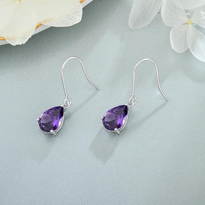 925 Sterling Silver 7x10MM Teardrop Birthstone Earrings, Solitaire Dangle Fish Hook Earrings for Women, Prom Jewelry Gifts RaymardJewelry