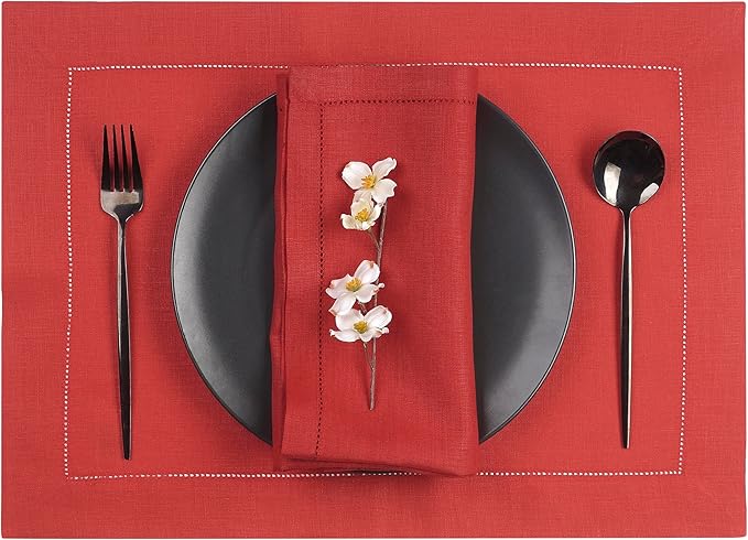 D'Moksha Homes Linen Placemats Set of 4 - Classic Hemstitch Bright Red Placemats 14 x 19 Inch - 100% Pure Linen Table Mats for Fall, Autumn and Halloween - Handcrafted and Machine Washable DMokshaHomes
