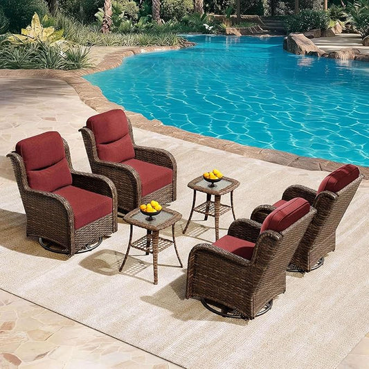HILLGA Luxury Patio Furniture Set with 6-Inch Thick Cushions, High Back Outdoor Swivel Rocker Chairs and Table, 6-Piece All Weather Conversation Set for Porch Deck Balcony Yard, Burgundy (V3) HILLGA