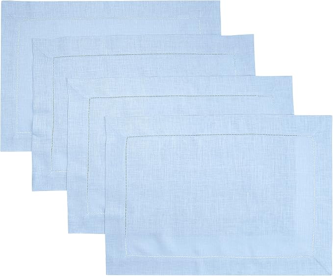 D'Moksha Homes Powder Blue Linen Cloth Placemats Set of 4-100% Pure Linen Hemstitch Placemats 14 x 19 Inch - Classic Hemstitch Table Place Mats for Christmas - Handcrafted and Machine Washable DMokshaHomes