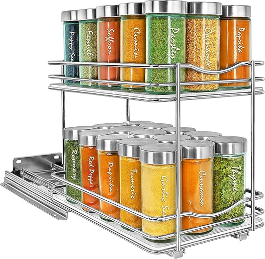 LYNK PROFESSIONAL® Pull Out Spice Rack Organizer for Inside Kitchen Cabinets - 6-3/8 inch Wide - Slide Out Drawer – Chrome Sliding Spice Cabinet Organization Shelf Racks - 2 Tier LYNKPROFESSIONAL