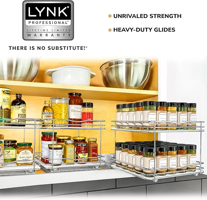 LYNK PROFESSIONAL® Pull Out Spice Rack Organizer for Inside Kitchen Cabinets - 10-3/8 inch Wide - Slide Out Drawer – Chrome Sliding Spice Cabinet Organization Shelf Racks - 2 Tier LYNKPROFESSIONAL