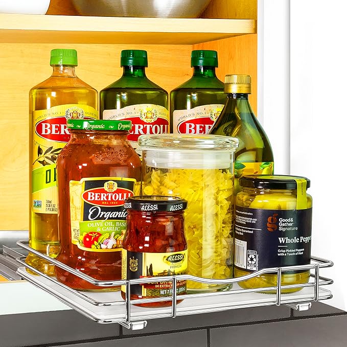 LYNK PROFESSIONAL® Pull Out Spice Rack Organizer for Inside Kitchen Cabinets - 10-3/8 inch Wide - Slide Out Drawer – Chrome Sliding Spice Cabinet Organization Shelf Racks - 1 Tier LYNKPROFESSIONAL