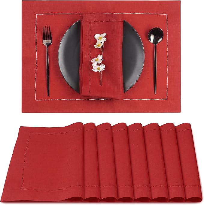 D'Moksha Homes Linen Placemats Set of 4 - Classic Hemstitch Bright Red Placemats 14 x 19 Inch - 100% Pure Linen Table Mats for Fall, Autumn and Halloween - Handcrafted and Machine Washable DMokshaHomes