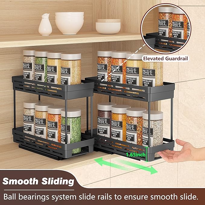 2 Pack Pull Out Spice Rack Organizer for Cabinet, Slide Out Spice Racks Organizer, Spice Cabinet Organizers, Cabinet Size Need:12'' Highx11'' Deepx5'' Wide,Hold 10 Spice Jar Each Tier-2Tier, Black DABIGE