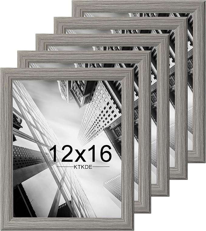 KTKDE 12x16 Picture Frame Set of 5,Grey Wooded Shatter Resistant Glass, Vertical & Horizontal Wall Hanging for Wall Display,Studio Gallery Photo Frame for Photos, Posters & Art Prints KTKDE