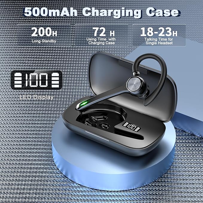 HEIBAS Bluetooth Headset, Wireless Bluetooth Earpiece with 500mAh Charging Case 72 Hours Talking Time Built-in Microphone for iOS Android Cell Phone, V5.1 Hand-Free Headphones for Office-Bright Black HEIBAS