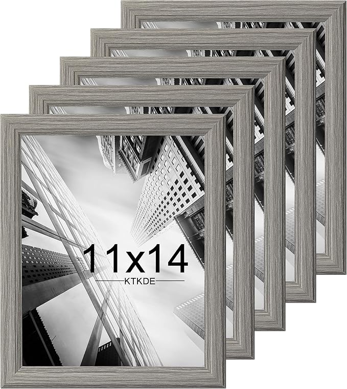 KTKDE 11x14 Picture Frame Set of 5,Grey Wooden Shatter Resistant Glass, Vertical & Horizontal Wall Hanging for Wall Display,Studio Gallery Photo Frame for Photos, Posters & Art Prints KTKDE