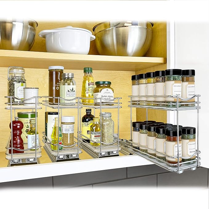 LYNK PROFESSIONAL® Pull Out Spice Rack Organizer for Inside Kitchen Cabinets - 4-3/8 inch Wide - Slide Out Drawer – Chrome Sliding Spice Cabinet Organization Shelf Racks - 2 Tier LYNKPROFESSIONAL