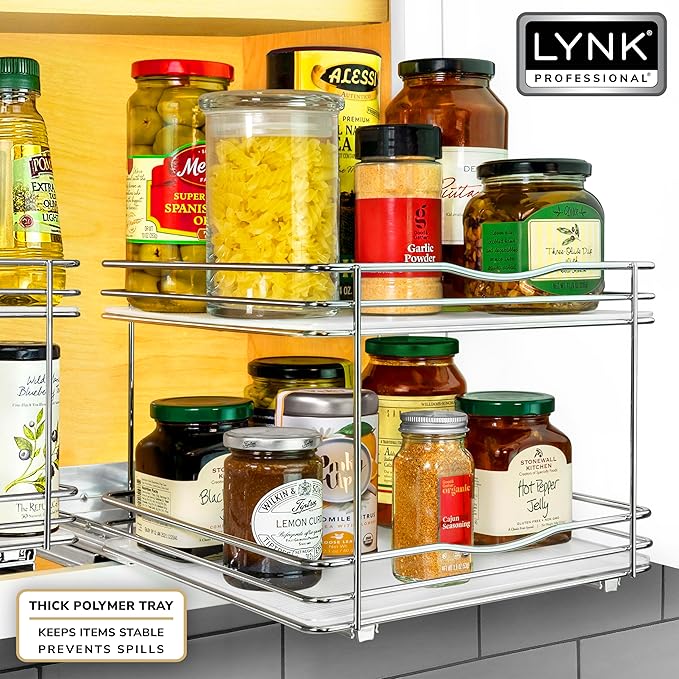 LYNK PROFESSIONAL® Pull Out Spice Rack Organizer for Inside Kitchen Cabinets - 10-3/8 inch Wide - Slide Out Drawer – Chrome Sliding Spice Cabinet Organization Shelf Racks - 2 Tier LYNKPROFESSIONAL