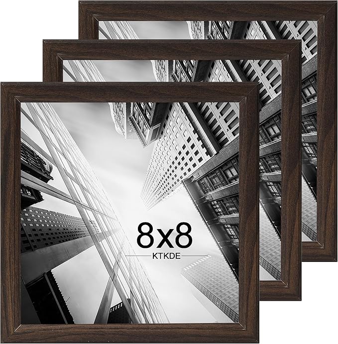 KTKDE 8x8 Picture Frame Set of 3, Walnut Wooded Wall Hanging for Tapletop Display, Best Square Photo Frame Studio Gallery for Photos, Posters & Art Prints KTKDE