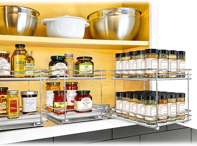 LYNK PROFESSIONAL® Pull Out Spice Rack Organizer for Inside Kitchen Cabinets - 8-3/8 inch Wide - Slide Out Drawer – Chrome Sliding Spice Cabinet Organization Shelf Racks - 2 Tier LYNKPROFESSIONAL