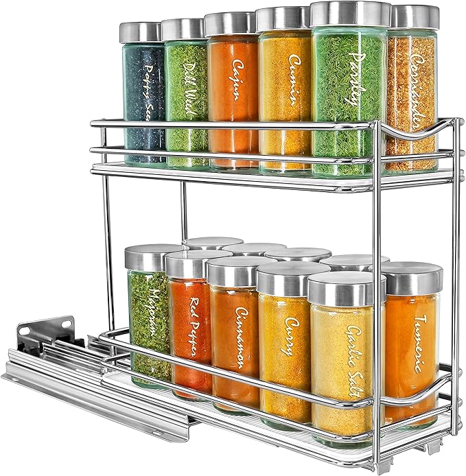 LYNK PROFESSIONAL® Pull Out Spice Rack Organizer for Inside Kitchen Cabinets - 4-3/8 inch Wide - Slide Out Drawer – Chrome Sliding Spice Cabinet Organization Shelf Racks - 2 Tier LYNKPROFESSIONAL