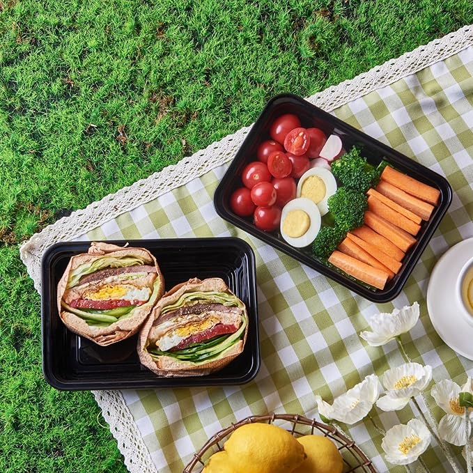 FULING 50 Pack Meal Prep Plastic Food Storage Containers With Lids 28 oz 1 Compartment Black Rectangular Reusable To Go Lunch Prepping Boxes BPA-Free Microwavable Freezer Dishwasher Safe Stackable FULING