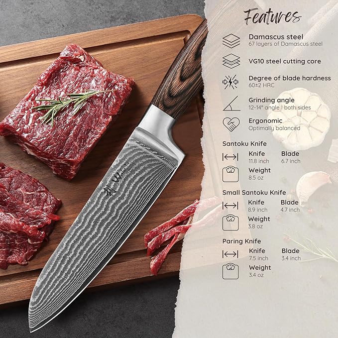 Wakoli EDIB 3-Piece Damascus Kitchen Knife Set in Wooden Gift Box – Sharp Knives Set made of Genuine Damascus Steel (VG10 Core) – Santoku, Small Santoku & Paring Knife – Ergonomic Pakkawood Handles Wakoli