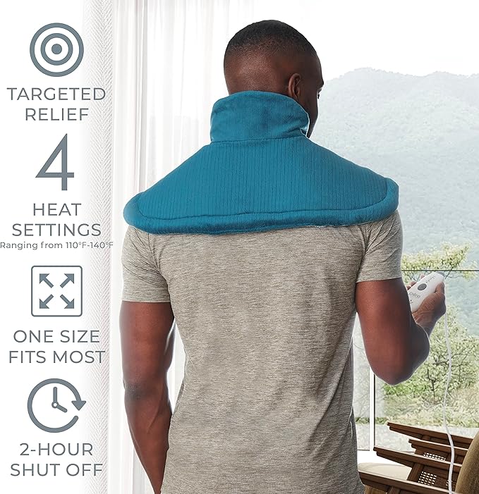 Pure Enrichment PureRelief Neck & Shoulder Heating Pad - 4 Heat Settings, Auto Shut-Off, Universal Fit, Magnet Closure, Soft Micromink, Storage Bag, 5-Year Warranty, Machine Wash (Turquoise Blue) PureEnrichment