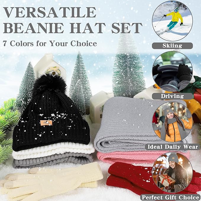 LOROME Women Winter Beanie Hat Scarf Gloves Set, Fleece Knitted Pompom Hat Warm Neck Scarf Touchscreen Gloves Winter Gift LOROME