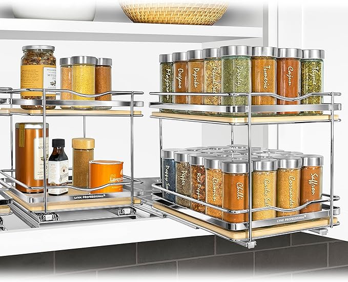 LYNK PROFESSIONAL® Élite™ Pull Out Spice Rack Organizer for Inside Kitchen Cabinets - 8-3/8 inch Wide - Slide Out Drawer – Wood/Chrome Sliding Spice Cabinet Organization Shelf Racks - 2 Tier LYNKPROFESSIONAL