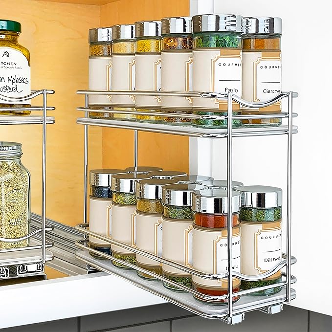LYNK PROFESSIONAL® Pull Out Spice Rack Organizer for Inside Kitchen Cabinets - 4-3/8 inch Wide - Slide Out Drawer – Chrome Sliding Spice Cabinet Organization Shelf Racks - 2 Tier LYNKPROFESSIONAL