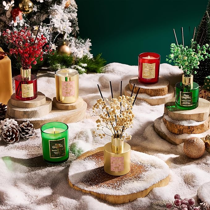 Airkeep Christmas Reed Diffuser Set,3.38 fl oz (100 ml) Reed Diffuser - Balsam&Cedar Oil Diffusers with 8 Reed Sticks, Home Fragrance Reed Diffuser for Bathroom Shelf Decor Airkeep