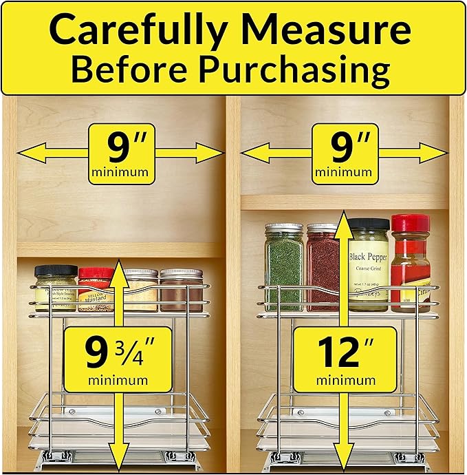 LYNK PROFESSIONAL® Pull Out Spice Rack Organizer for Inside Kitchen Cabinets - 8-3/8 inch Wide - Slide Out Drawer – Chrome Sliding Spice Cabinet Organization Shelf Racks - 2 Tier LYNKPROFESSIONAL