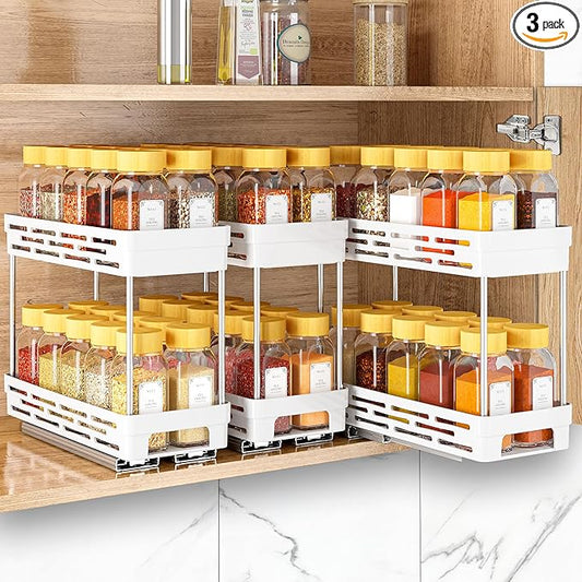 Pull Out Spice Rack Organizer for Cabinet, 3 Packs Slide Out Spice Racks Organizer, Spice Cabinet Organizers, Cabinet Size Need:12'' Highx11'' Deepx5'' Wide,Each Tier Hold 10 Spice Jar - 2 Tier, White DABIGE