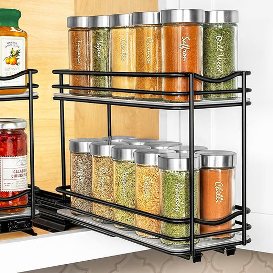 LYNK PROFESSIONAL® Pull Out Spice Rack Organizer for Inside Kitchen Cabinets - 4-3/8 inch Wide - Slide Out Drawer – Black Sliding Spice Cabinet Organization Shelf Racks - 2 Tier LYNKPROFESSIONAL