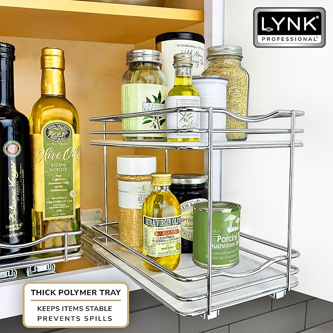 LYNK PROFESSIONAL® Pull Out Spice Rack Organizer for Inside Kitchen Cabinets - 6-3/8 inch Wide - Slide Out Drawer – Chrome Sliding Spice Cabinet Organization Shelf Racks - 2 Tier LYNKPROFESSIONAL