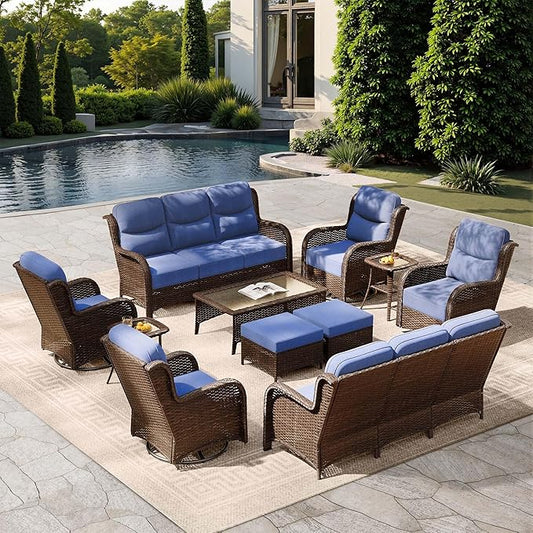 HILLGA Luxury Patio Furniture Set with 6-Inch Thick Cushions, High Back Outdoor Swivel Rocker Chairs and Patio Couch, 11-Piece All Weather Conversation Set for Porch Deck Pool Yard, Blue (V3) HILLGA