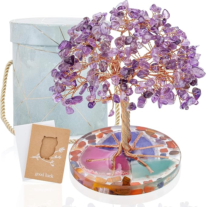 ZenBless 7 Chakra Healing Crystal Stones Tree, Amethyst Leaf Wire Wrapped on Natural Agate Slice Base, Home Office Desk Living Room Feng Shui Decoration for Wealth and Luck ZenBless