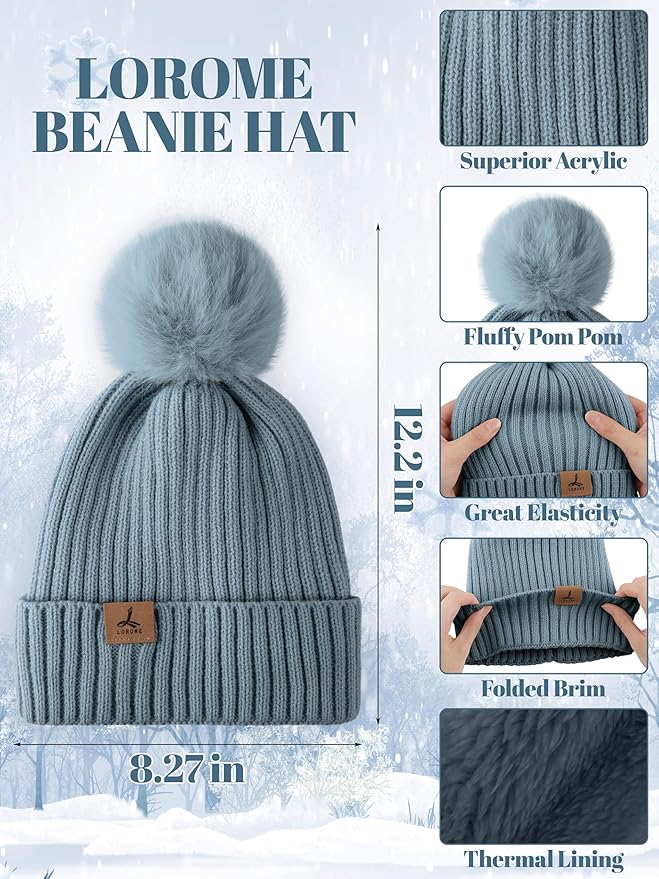 LOROME Women Winter Beanie Hat Scarf Gloves Set, Fleece Knitted Pompom Hat Warm Neck Scarf Touchscreen Gloves Winter Gift LOROME