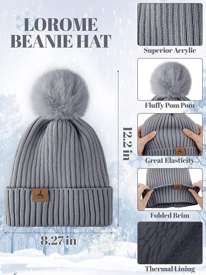 LOROME Women Winter Beanie Hat Scarf Gloves Set, Fleece Knitted Pompom Hat Warm Neck Scarf Touchscreen Gloves Winter Gift LOROME