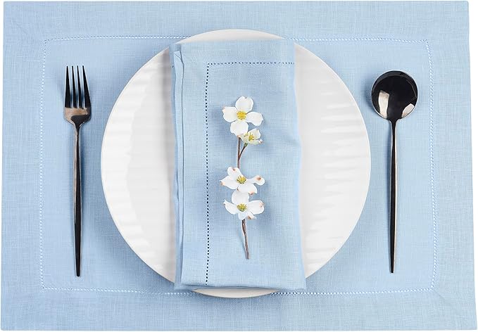D'Moksha Homes Powder Blue Linen Cloth Placemats Set of 4-100% Pure Linen Hemstitch Placemats 14 x 19 Inch - Classic Hemstitch Table Place Mats for Christmas - Handcrafted and Machine Washable DMokshaHomes