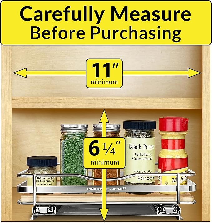LYNK PROFESSIONAL® Élite™ Pull Out Spice Rack Organizer for Inside Kitchen Cabinets - 10-3/8 inch Wide - Slide Out Drawer – Wood/Chrome Sliding Spice Cabinet Organization Shelf Racks - 1 Tier LYNKPROFESSIONAL