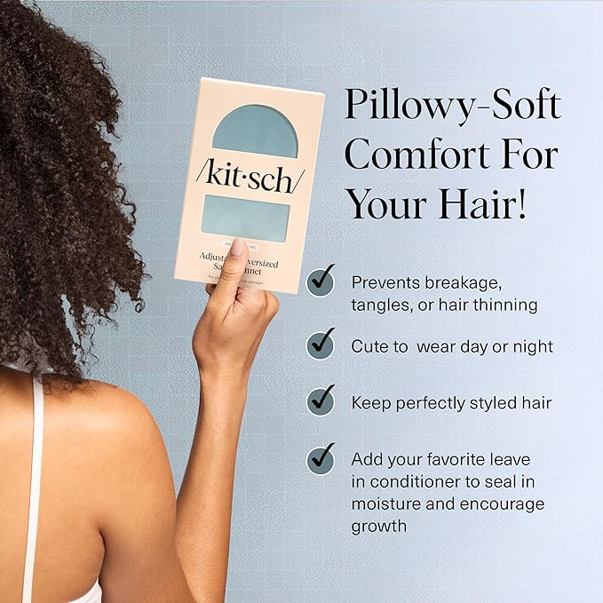 Kitsch XL Satin Bonnet for Sleeping - Softer Than Silk Hair Bonnet for Women - Secure Fit, Adjustable Night Cap for Curly & Textured Hair - Prevents Breakage, Tangles & Thinning- Haze Blue Kitsch