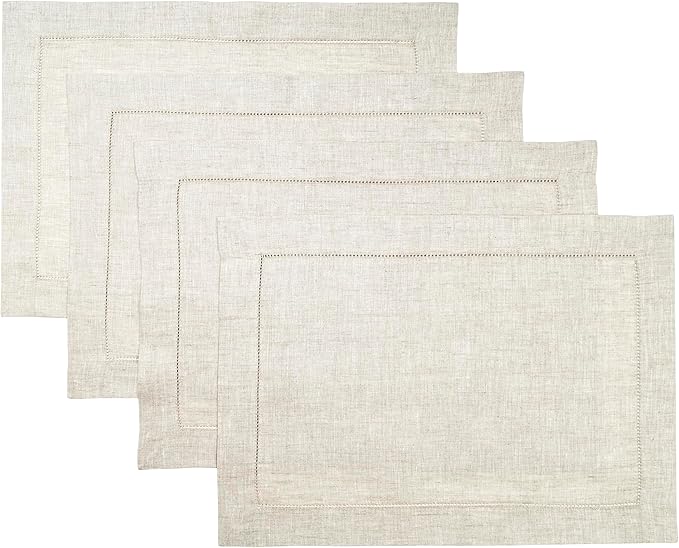 D'Moksha Homes Light Natural Linen Cloth Placemats Set of 4-100% Pure Linen Hemstitch Placemats 14 x 19 Inch - Classic Hemstitch Table Place Mats for Christmas - Handcrafted, Machine Washable DMokshaHomes