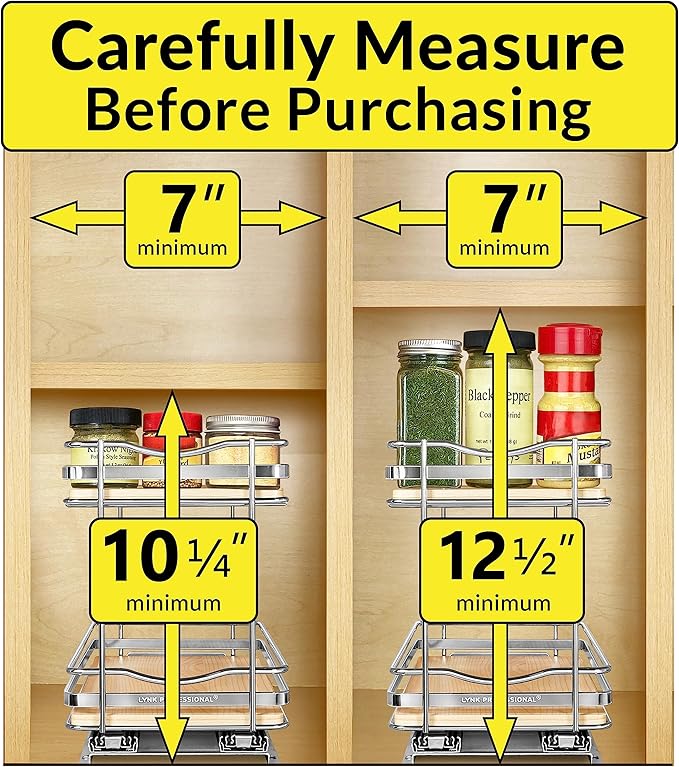 LYNK PROFESSIONAL® Élite™ Pull Out Spice Rack Organizer for Inside Kitchen Cabinets - 6-3/8 inch Wide - Slide Out Drawer – Wood/Chrome Sliding Spice Cabinet Organization Shelf Racks - 2 Tier LYNKPROFESSIONAL