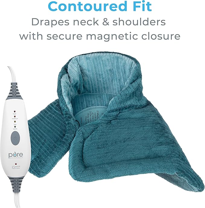 Pure Enrichment PureRelief Neck & Shoulder Heating Pad - 4 Heat Settings, Auto Shut-Off, Universal Fit, Magnet Closure, Soft Micromink, Storage Bag, 5-Year Warranty, Machine Wash (Turquoise Blue) PureEnrichment