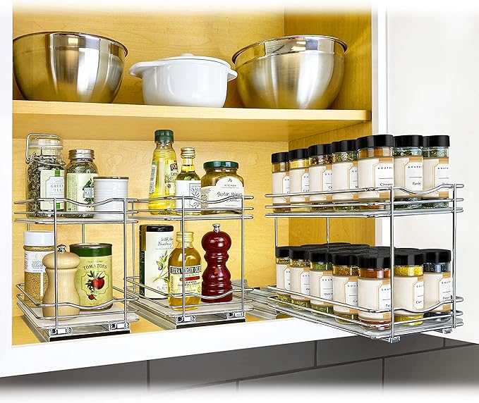 LYNK PROFESSIONAL® Pull Out Spice Rack Organizer for Inside Kitchen Cabinets - 6-3/8 inch Wide - Slide Out Drawer – Chrome Sliding Spice Cabinet Organization Shelf Racks - 2 Tier LYNKPROFESSIONAL