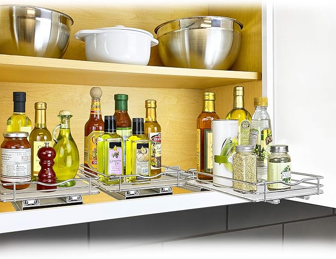 LYNK PROFESSIONAL® Pull Out Spice Rack Organizer for Inside Kitchen Cabinets - 8-3/8 inch Wide - Slide Out Drawer – Chrome Sliding Spice Cabinet Organization Shelf Racks - 1 Tier LYNKPROFESSIONAL