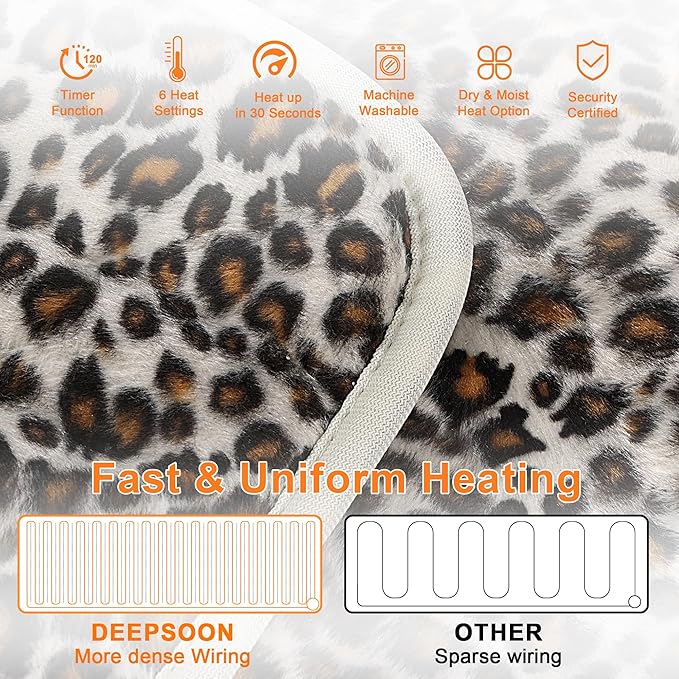 Deepsoon Heating Pad,Electric Heating Pads for Back,Neck,Abdomen,Moist Heating Pad for Shoulder,Knee,Arms,Legs,Dry/Moist Heat & Auto Shut Off,Birthday Gifts for Men and Women,Leopard Print,33x17 Inch Deepsoon