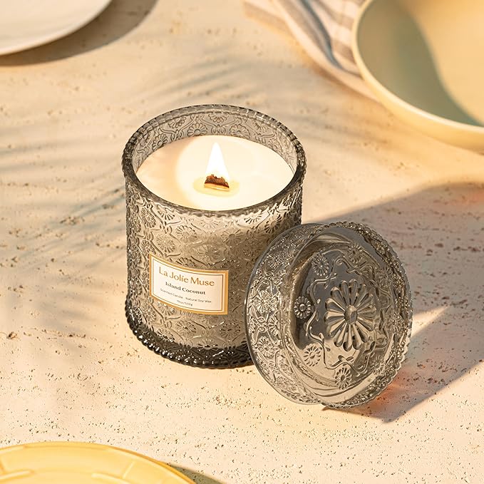 LA JOLIE MUSE Vanilla Coconut Candle – Coconut, Freesia & Vanilla | 19 oz Large Wooden Wick Candle | Natural Soy Wax | 90 Hours Clean Burn | Gift-Ready for Hosts & Gatherings | Elegant Home Décor LaJol%C3%ADeMuse