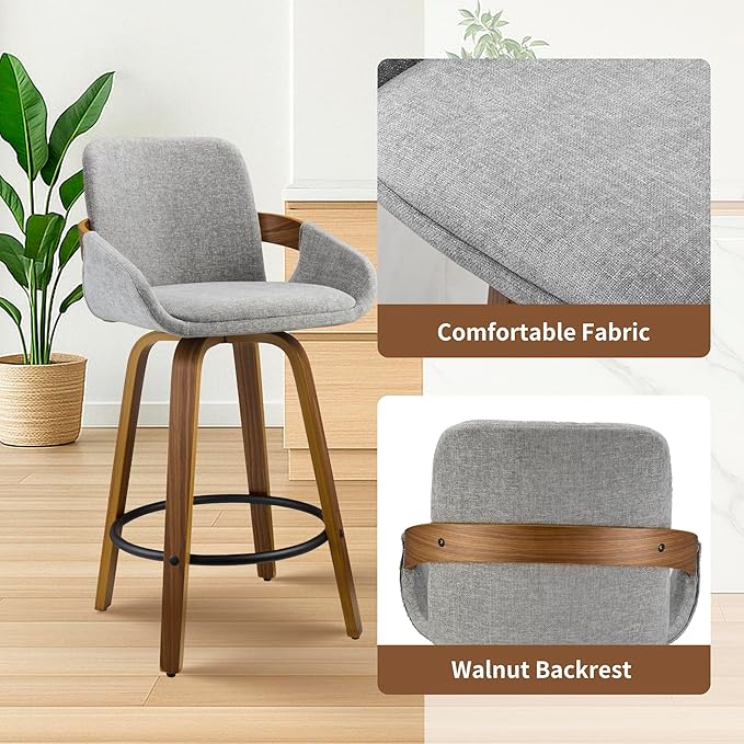 Swivel Bar Stool Set of 3, Fabric Counter High Stools with Back and Armrest 360° Swivel Walnut Bar Chair for Kitchen Island Home Dining - Light Grey VipDesk