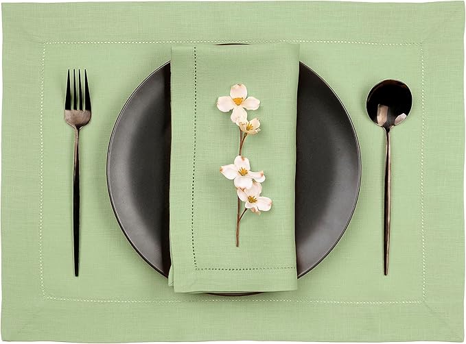D'Moksha Homes Sage Green Linen Cloth Placemats Set of 4-100% Pure Linen Hemstitch Placemats 14 x 19 Inch - Classic Hemstitch Table Place Mats for Christmas - Handcrafted and Machine Washable DMokshaHomes