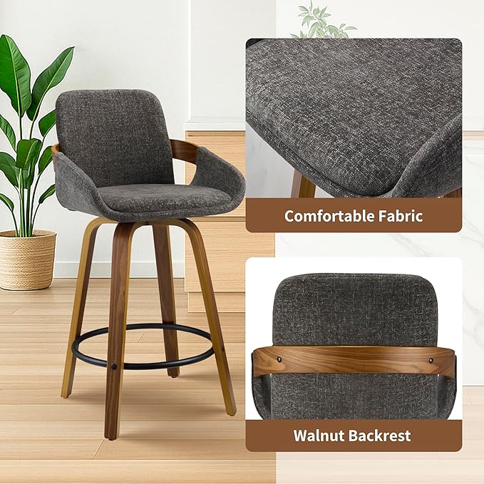 26 inch Modern Bar Stools Set of 3, Walnut Wood and Fabric Bar Chair, 360° Swivel Seat, Stylish and Comfortable Barstool for Kitchen, Bar Counter, Dining Area - Charcoal Grey VipDesk