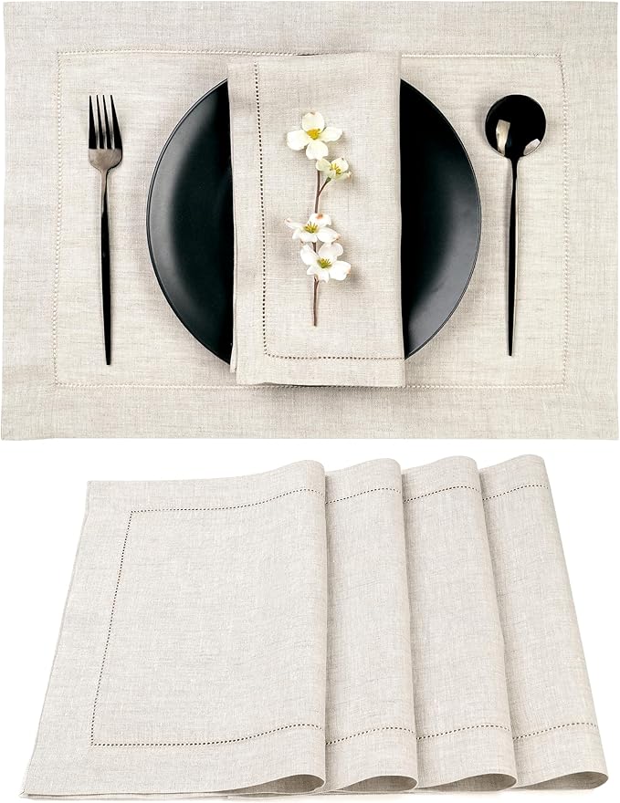 D'Moksha Homes Light Natural Linen Cloth Placemats Set of 4-100% Pure Linen Hemstitch Placemats 14 x 19 Inch - Classic Hemstitch Table Place Mats for Christmas - Handcrafted, Machine Washable DMokshaHomes